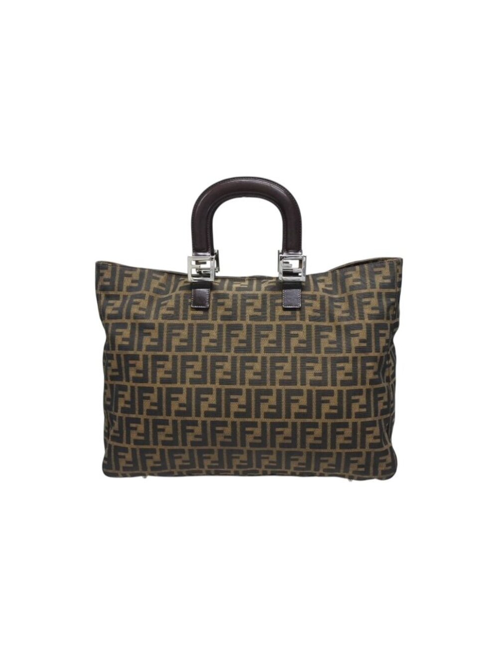 Fendi Tote Bag Zucca Pattern Canvas Leather Brown Silver